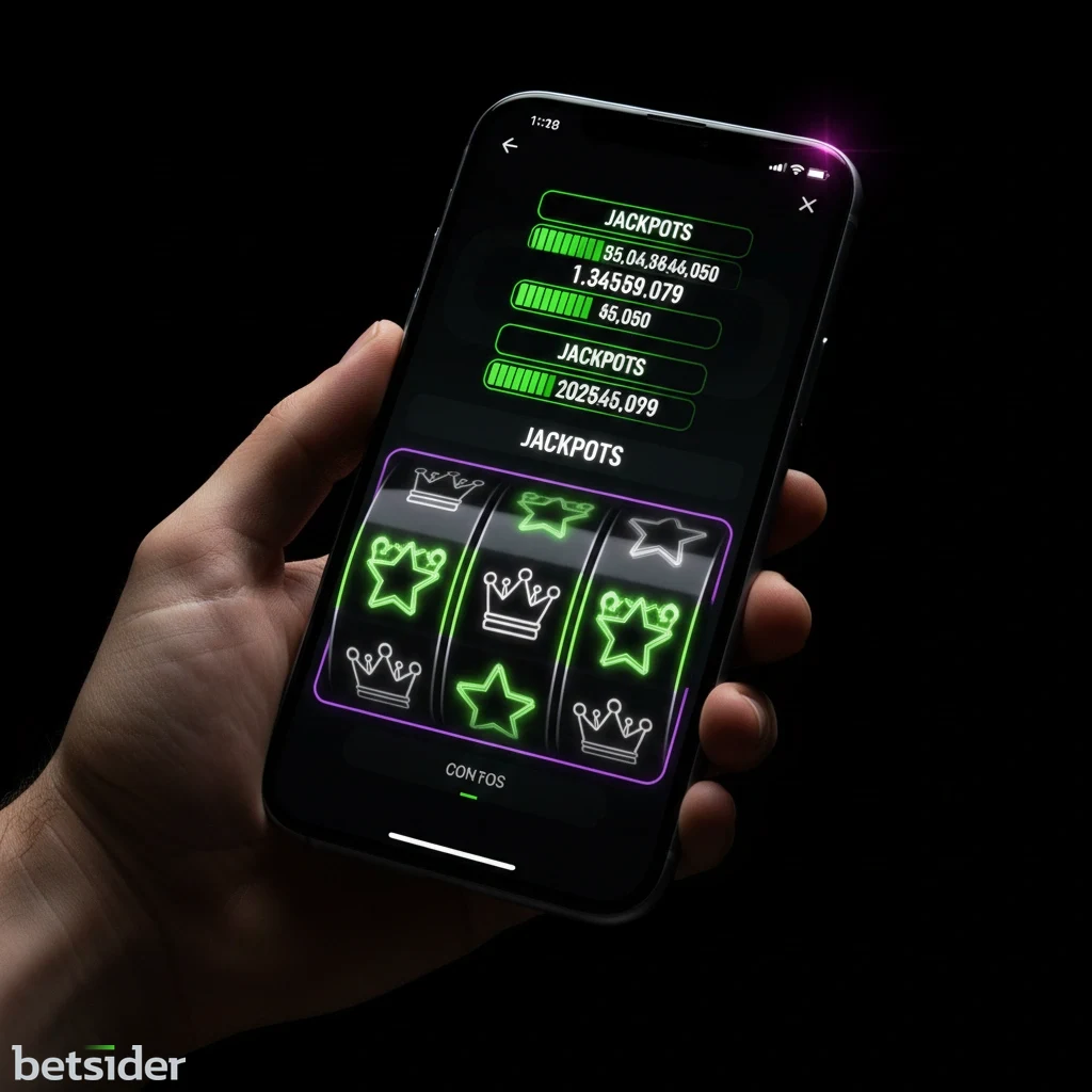 Progressive jackpot slot game reels running on a mobile smartphone screen.