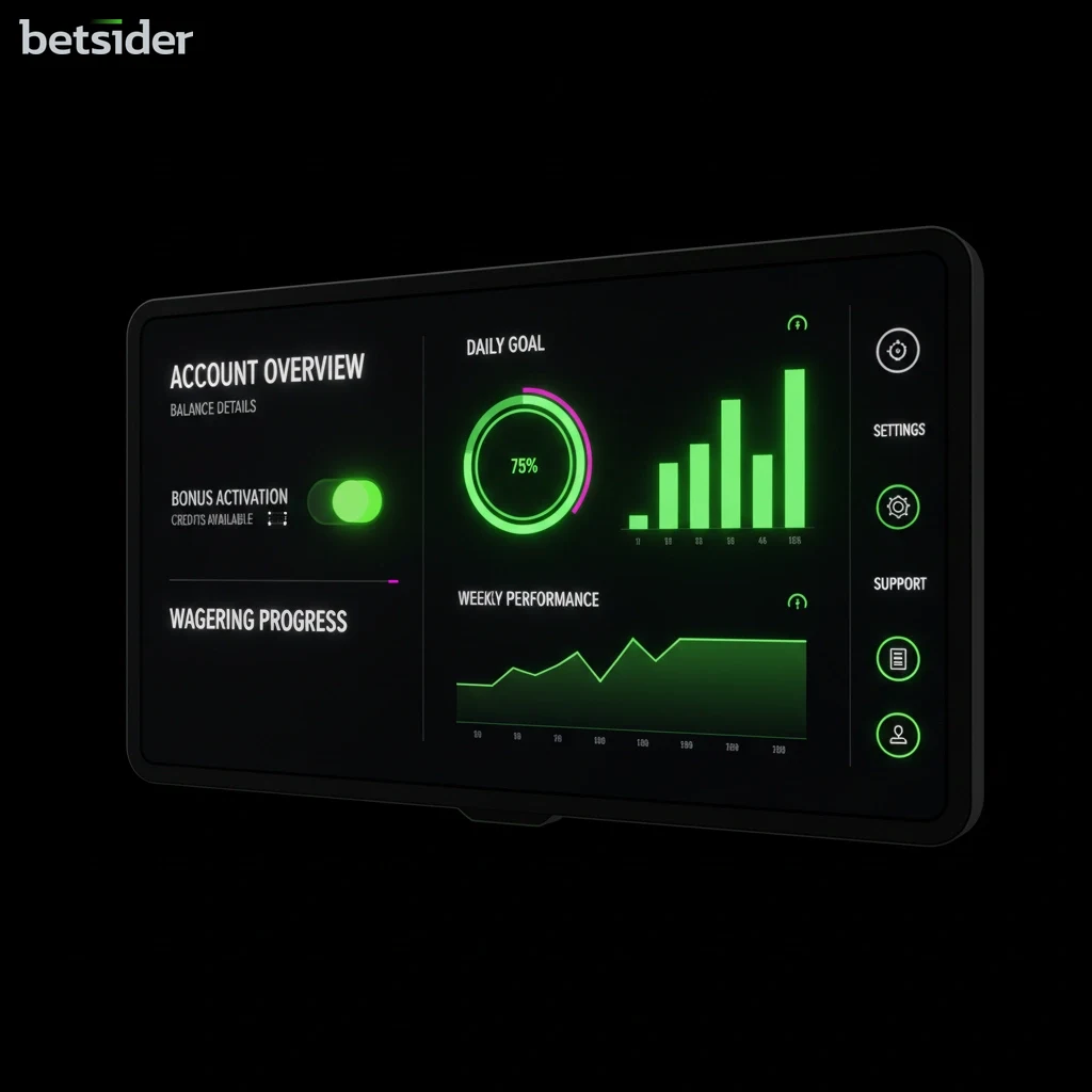 Bonus wagering status meter showing real-time playthrough completion percentages.