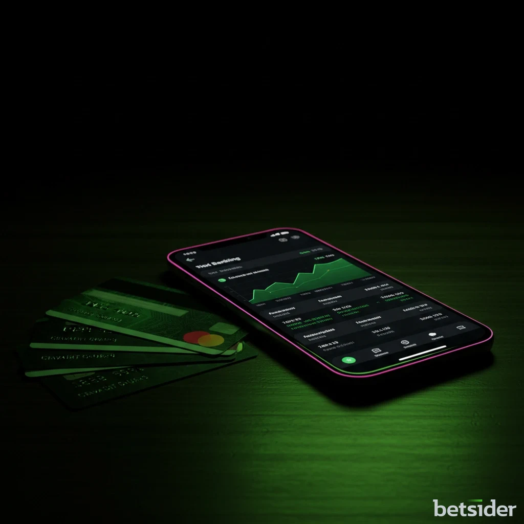 Smartphone showing Canadian mobile banking interface next to payment cards