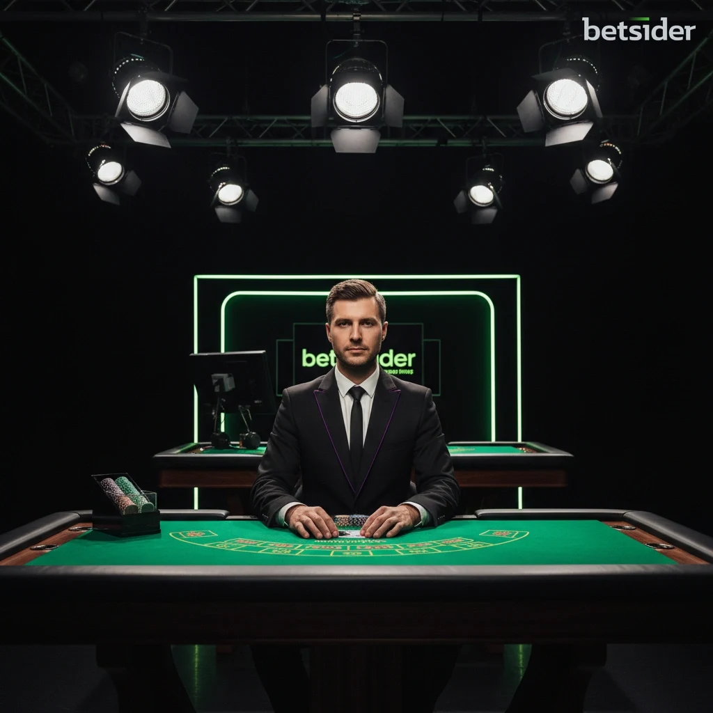 Professional live dealer hosting a blackjack table stream in a broadcast studio