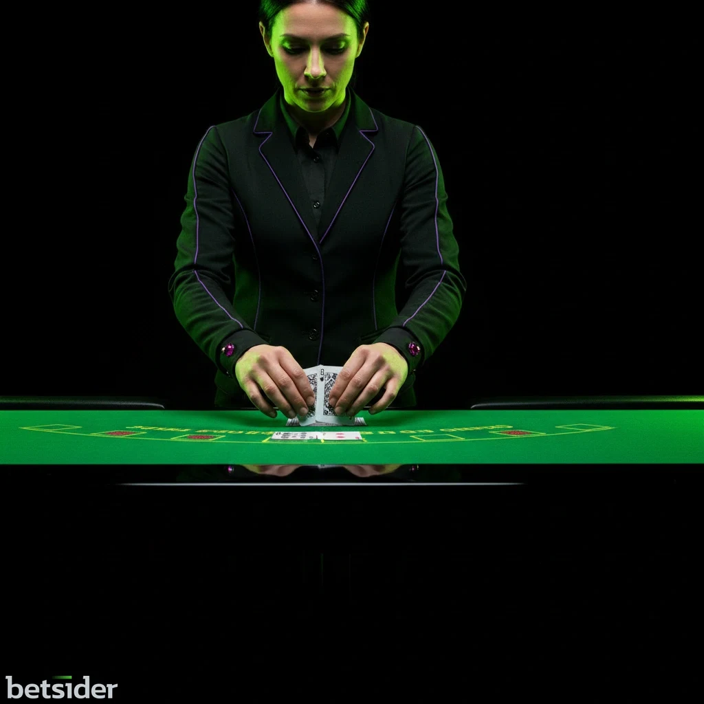 Dealer managing cards at a physical blackjack table under studio lighting.