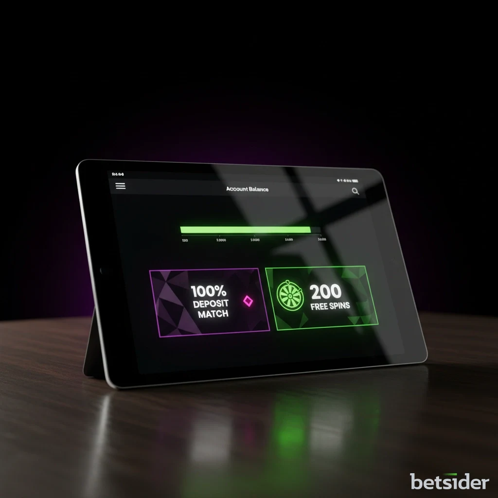 Digital tablet showing online casino balance and promotional bonus terms